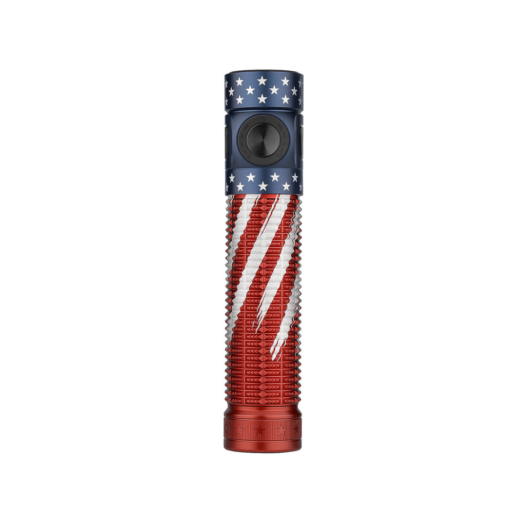 Olight Baton 4 Pro Stars & Stripes Edition with a weathered flag finish
