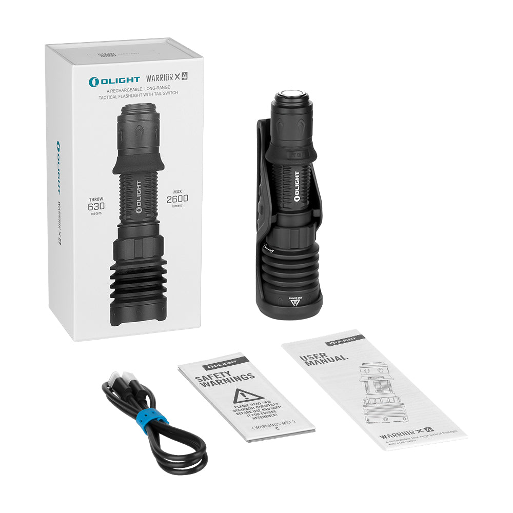 Warrior X 4 box contents: flashlight, holster, USB-C cable and manual