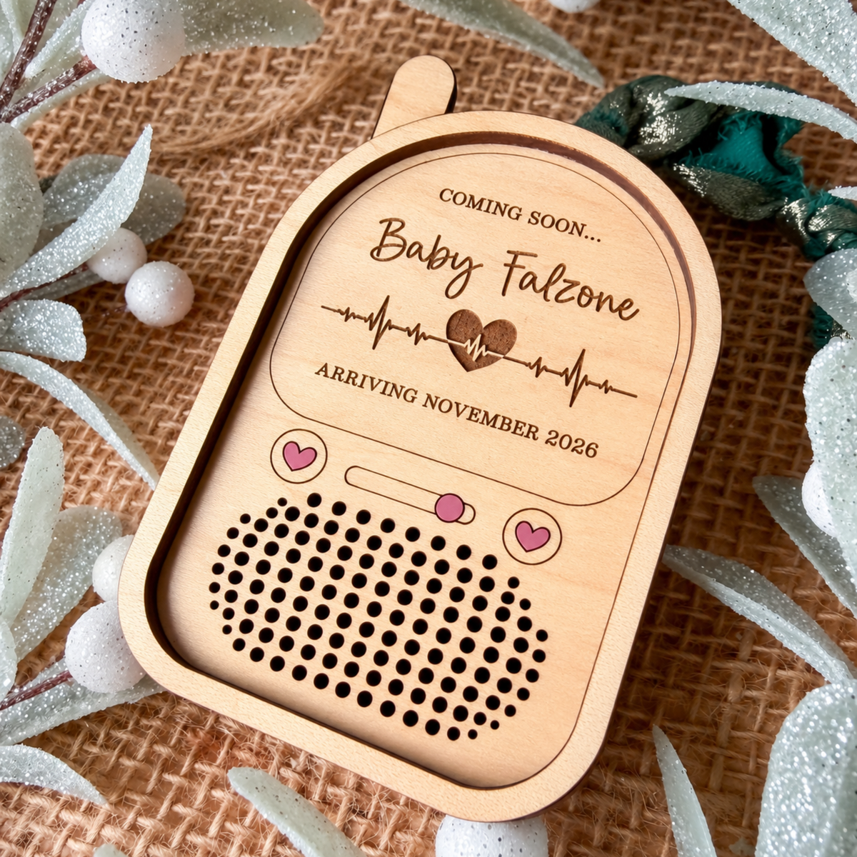 Baby Announcement recordable ornament engraved Coming Soon, Baby Falzone, Arriving November 2026, with a heartbeat line and pink hearts