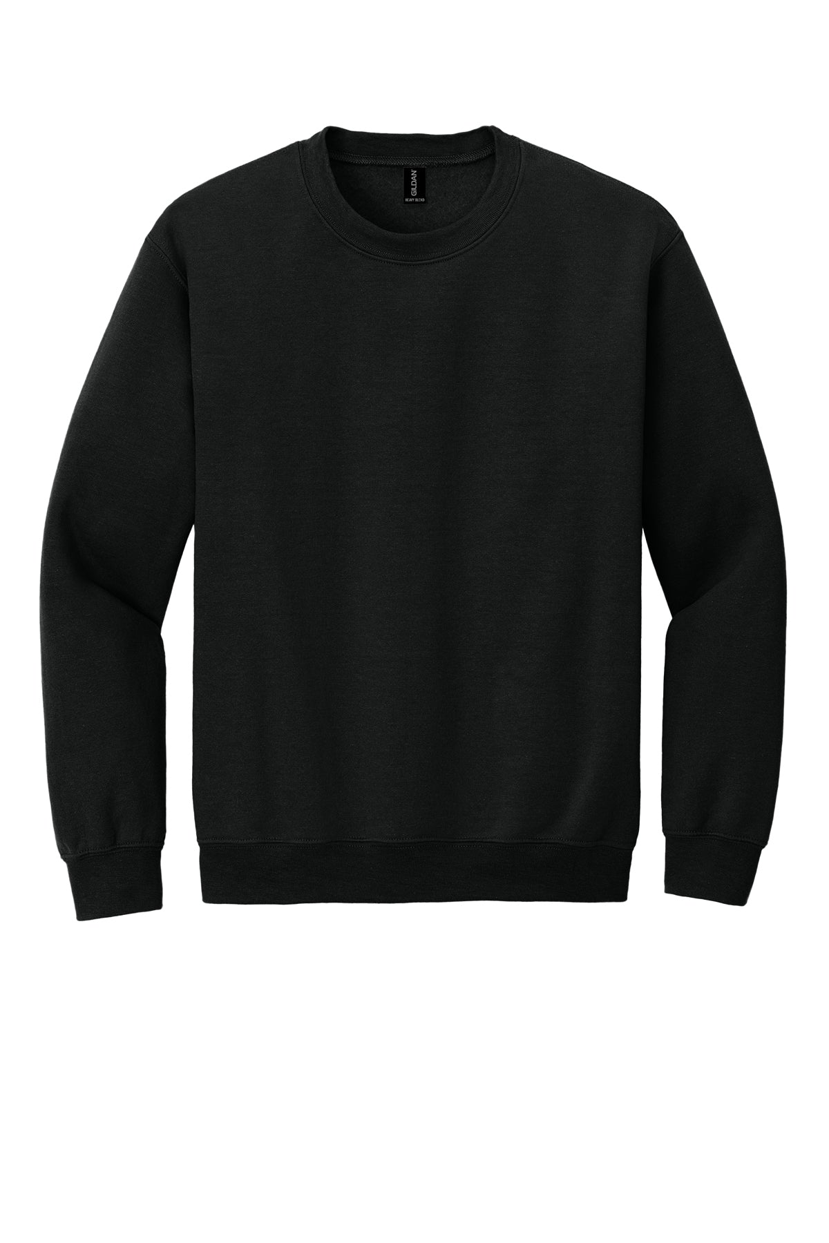 Black Gildan Heavy Blend crewneck sweatshirt, front view variant-gildan-heavy-blend-black-s variant-gildan-heavy-blend-black-m variant-gildan-heavy-blend-black-l variant-gildan-heavy-blend-black-xl variant-gildan-heavy-blend-black-2xl variant-gildan-heavy-blend-black-3xl