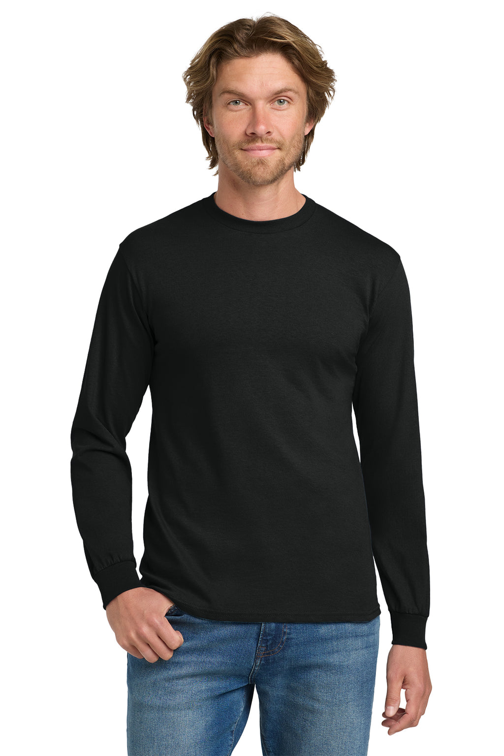Black Gildan Heavy Cotton long sleeve t-shirt, front view variant-gildan-heavy-cotton-black-s variant-gildan-heavy-cotton-black-m variant-gildan-heavy-cotton-black-l variant-gildan-heavy-cotton-black-xl variant-gildan-heavy-cotton-black-2xl variant-gildan-heavy-cotton-black-3xl