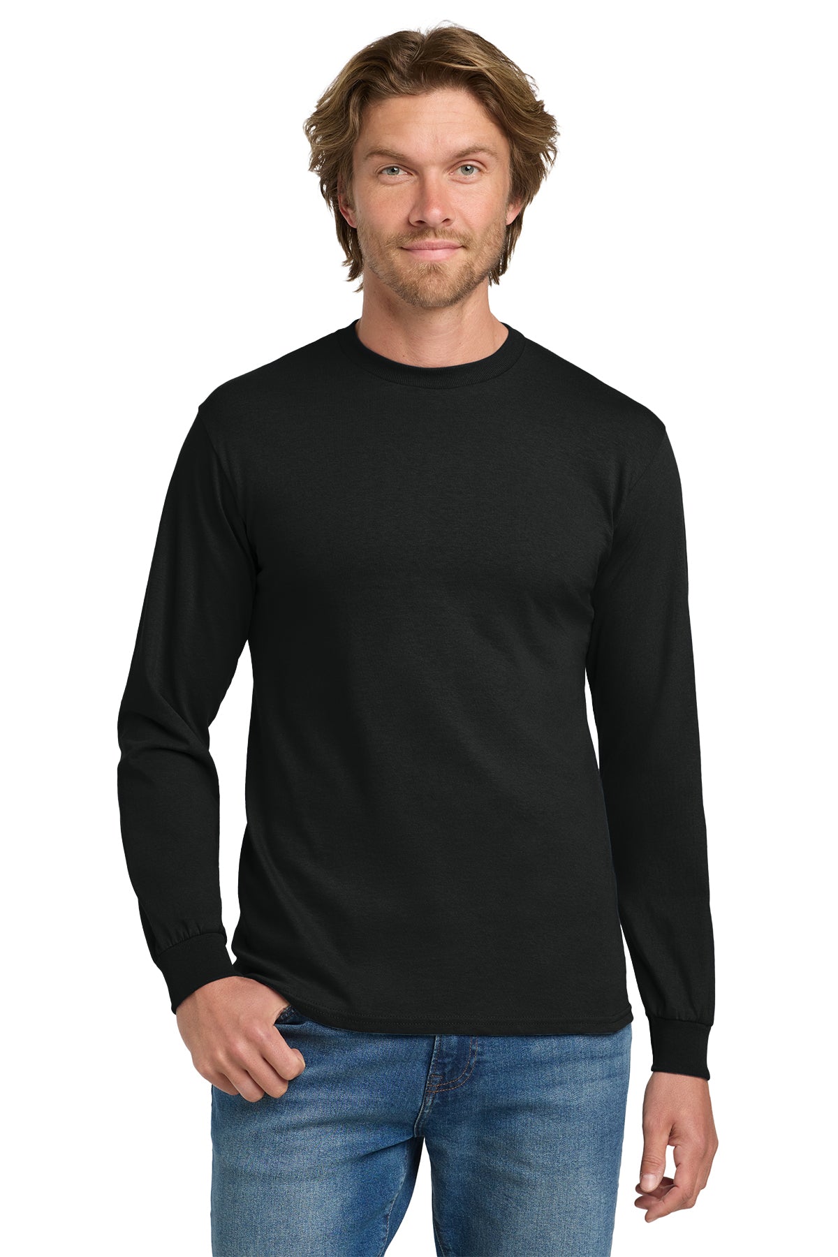 Black Gildan Heavy Cotton long sleeve t-shirt, front view variant-gildan-heavy-cotton-black-s variant-gildan-heavy-cotton-black-m variant-gildan-heavy-cotton-black-l variant-gildan-heavy-cotton-black-xl variant-gildan-heavy-cotton-black-2xl variant-gildan-heavy-cotton-black-3xl