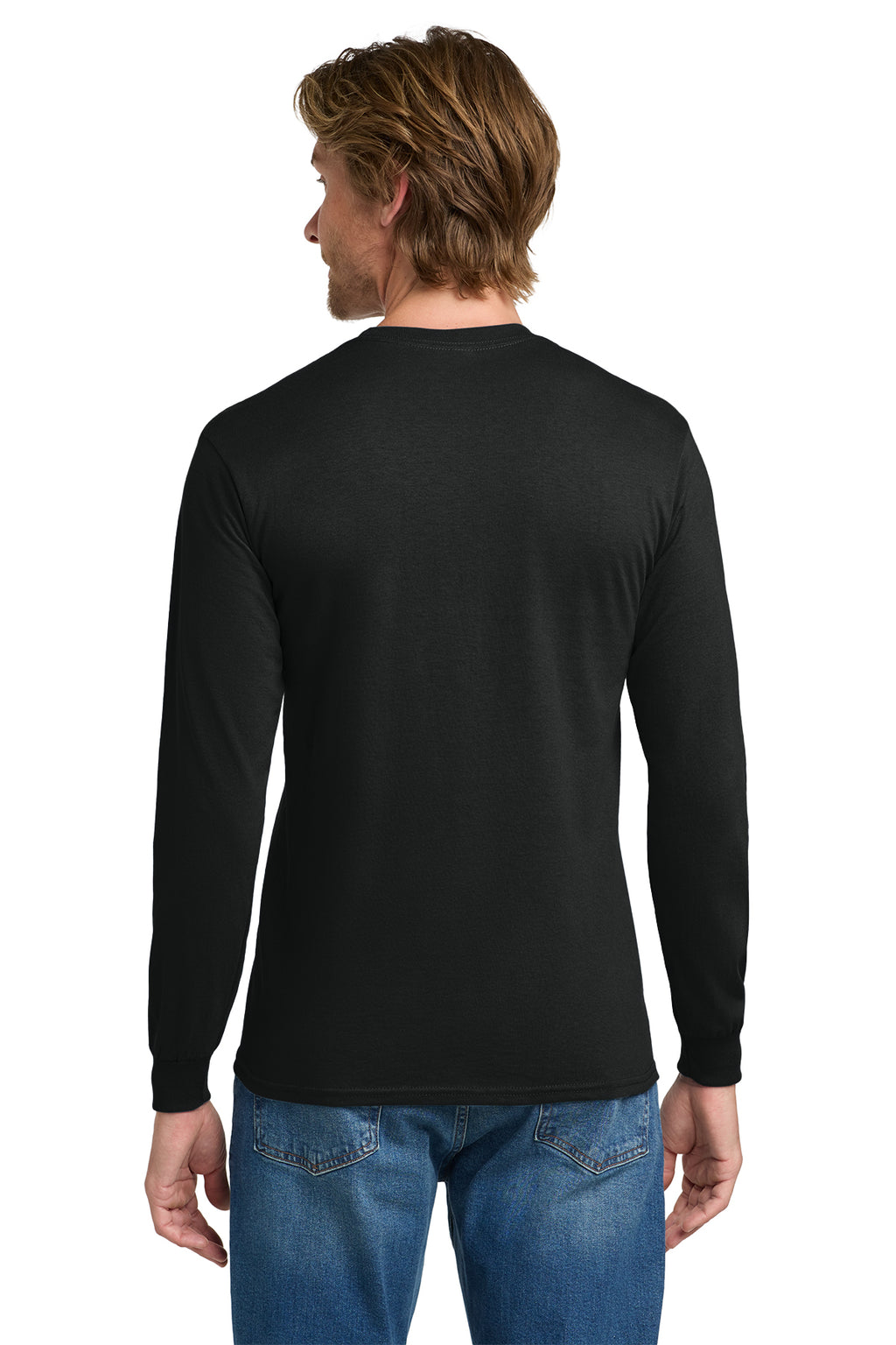 Black Gildan Heavy Cotton long sleeve t-shirt, back view apparel-back variant-gildan-heavy-cotton-black-s variant-gildan-heavy-cotton-black-m variant-gildan-heavy-cotton-black-l variant-gildan-heavy-cotton-black-xl variant-gildan-heavy-cotton-black-2xl variant-gildan-heavy-cotton-black-3xl