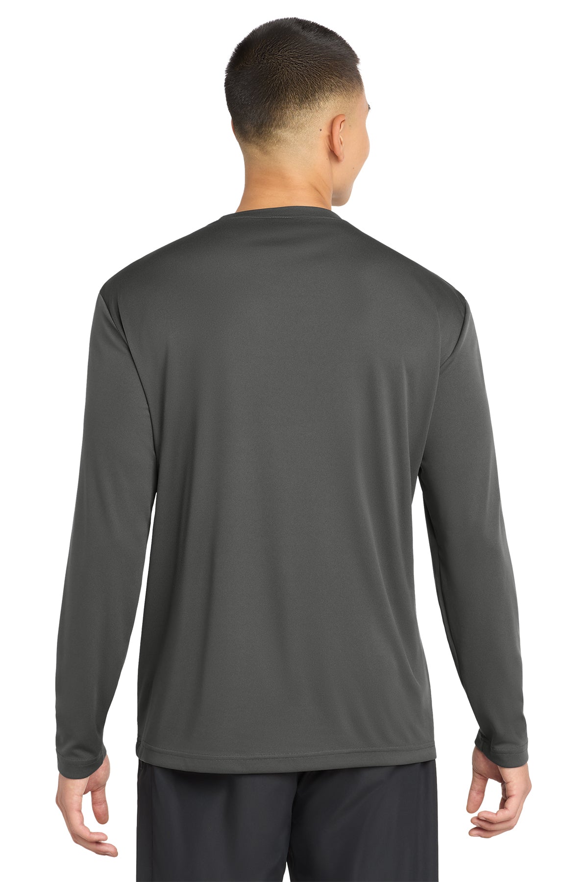 Charcoal Performance (Sport-Tek) long sleeve duty shirt, back view