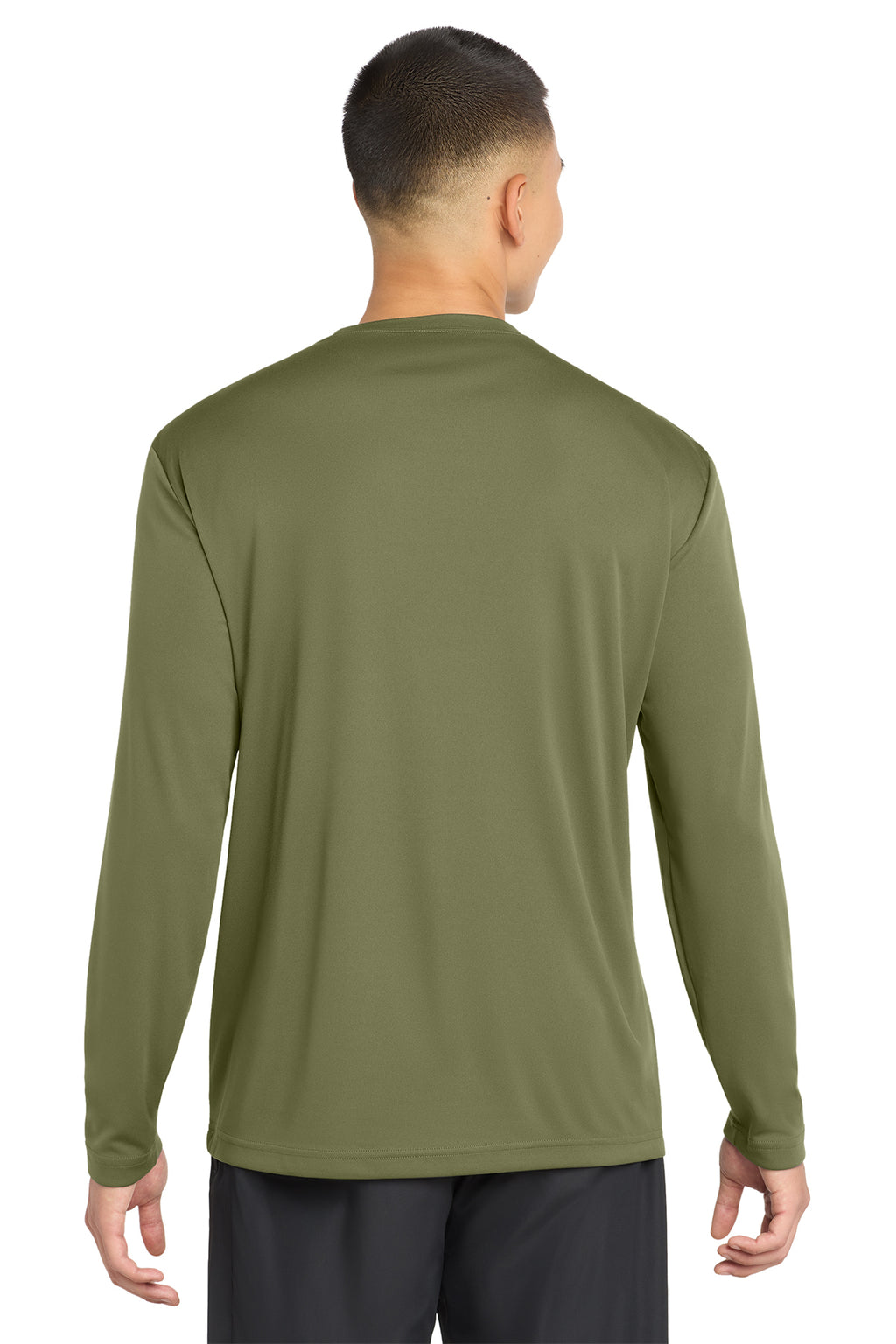 Olive Drab Green Performance (Sport-Tek) long sleeve duty shirt, back view