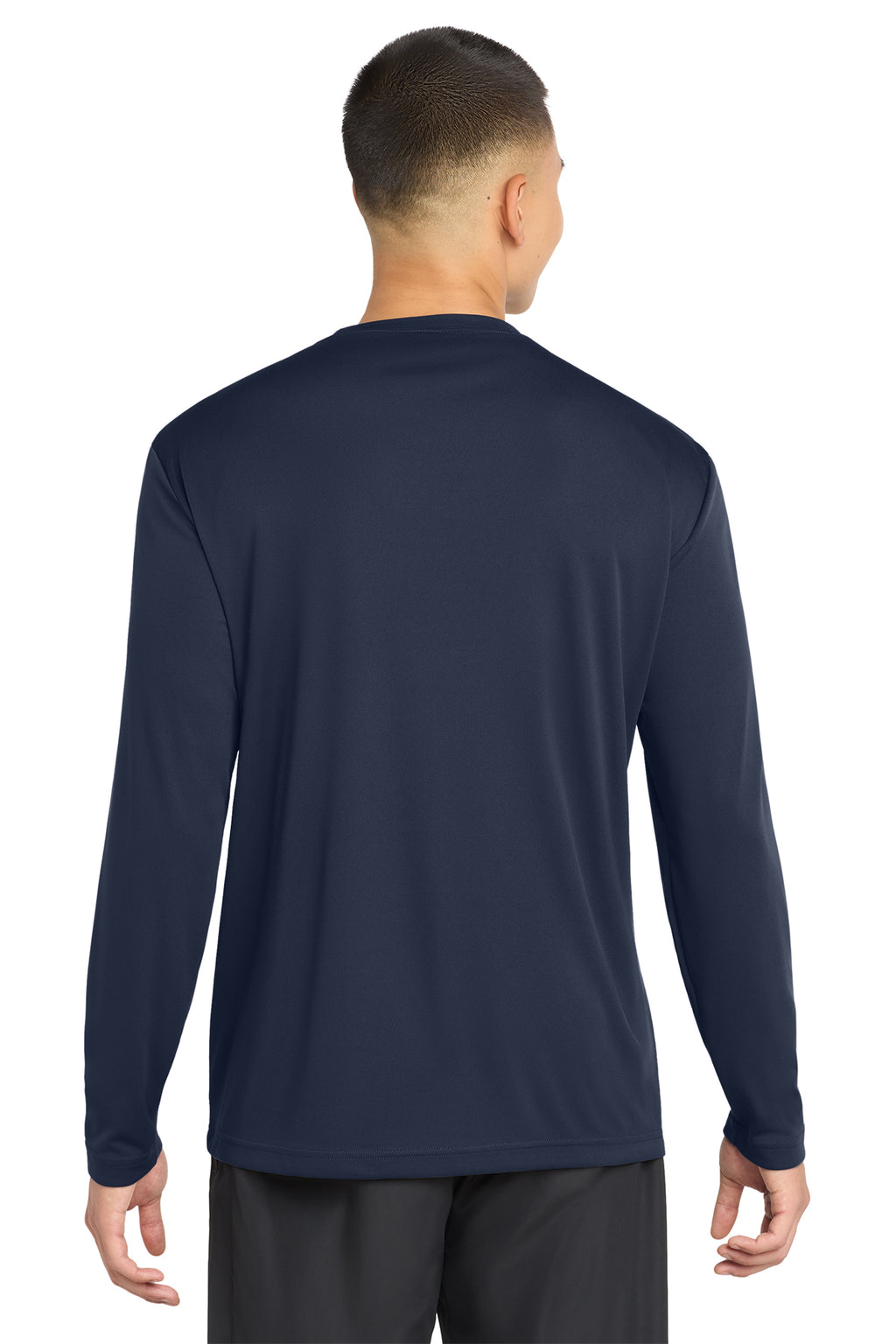 Navy Performance (Sport-Tek) long sleeve duty shirt, back view