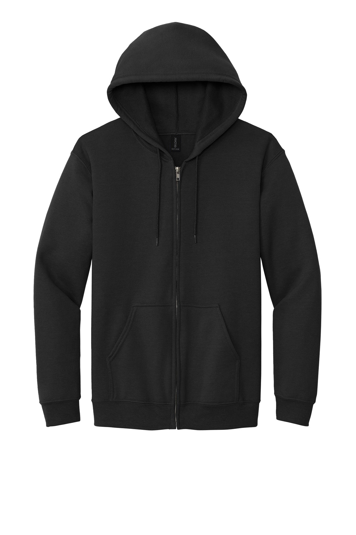 Black Gildan Zip-Up hoodie, front view variant-gildan-zip-up-black-s variant-gildan-zip-up-black-m variant-gildan-zip-up-black-l variant-gildan-zip-up-black-xl variant-gildan-zip-up-black-2xl variant-gildan-zip-up-black-3xl