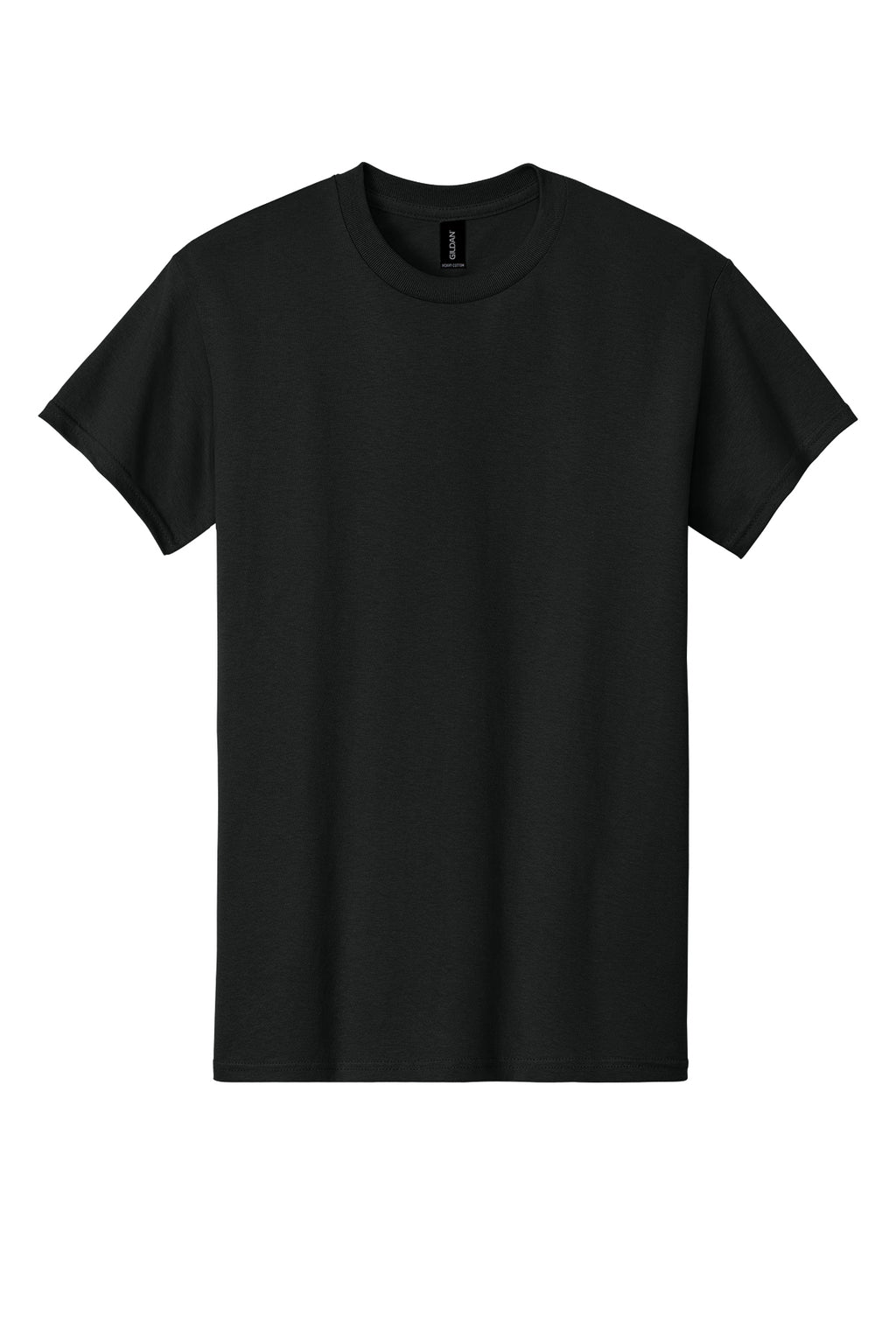 Black Gildan Heavy Cotton t-shirt, front view variant-gildan-heavy-cotton-black-s variant-gildan-heavy-cotton-black-m variant-gildan-heavy-cotton-black-l variant-gildan-heavy-cotton-black-xl variant-gildan-heavy-cotton-black-2xl variant-gildan-heavy-cotton-black-3xl