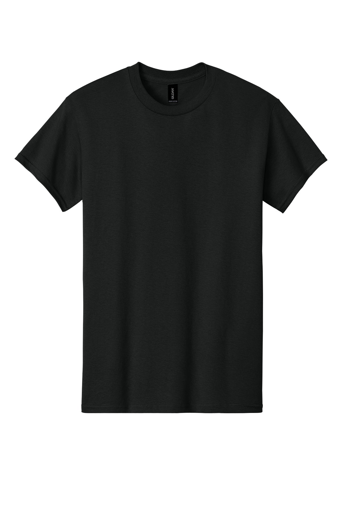 Black Gildan Heavy Cotton t-shirt, front view variant-gildan-heavy-cotton-black-s variant-gildan-heavy-cotton-black-m variant-gildan-heavy-cotton-black-l variant-gildan-heavy-cotton-black-xl variant-gildan-heavy-cotton-black-2xl variant-gildan-heavy-cotton-black-3xl