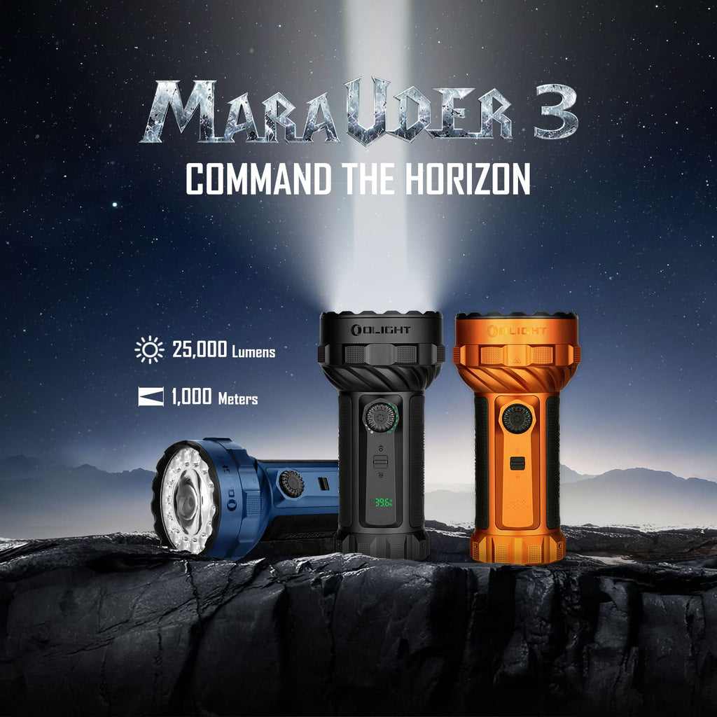 Olight Marauder 3 in Midnight Blue, Matte Black and Orange: 25,000 lumens and 1,000 m beam