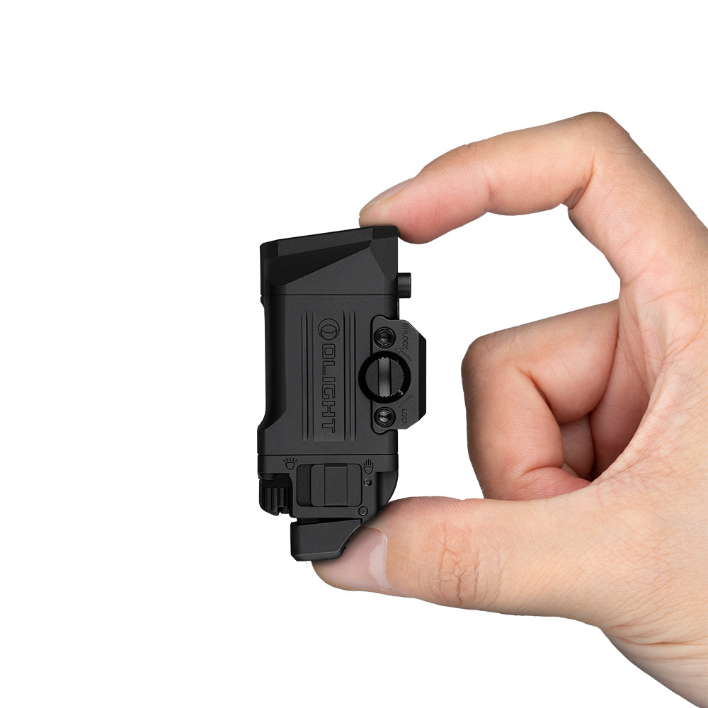 Olight PL X GL held in hand to show its compact size
