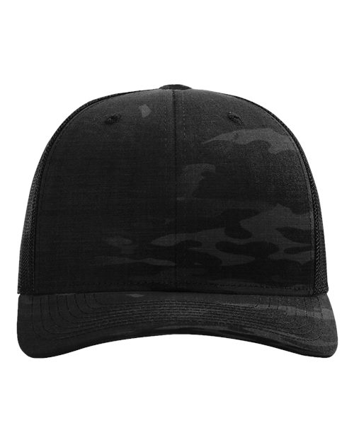Multicam Black Richardson 112PT ripstop mesh back cap — custom patch tactical trucker hat