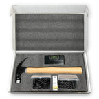 Five piece 16 oz. hammer gift set with beech handle hammer, nails, tape measure and level in a white gift box — custom engraved closing gift by Solano Laser Craft
