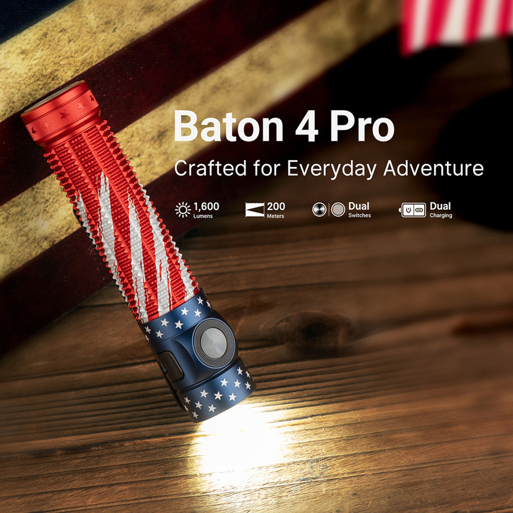 Baton 4 Pro Stars & Stripes Edition lit on a wooden table