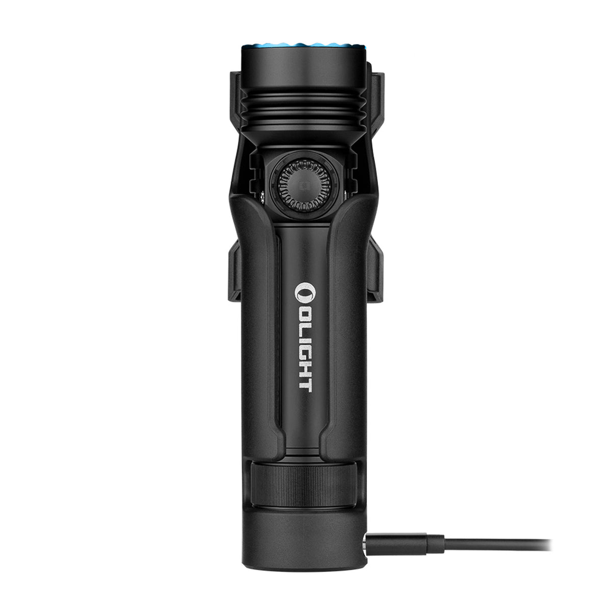 Olight Seeker 4 Pro flashlight in Matte Black, seated in its charging holster