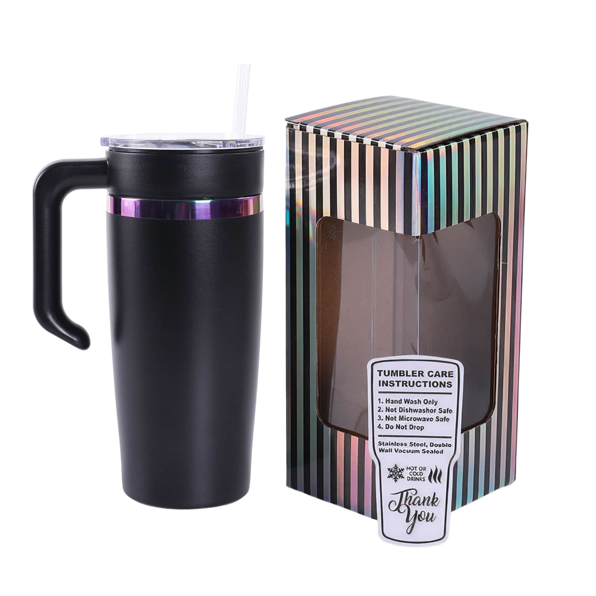 Black 20 oz. classic tumbler with a rainbow plated handle, shown with its gift box