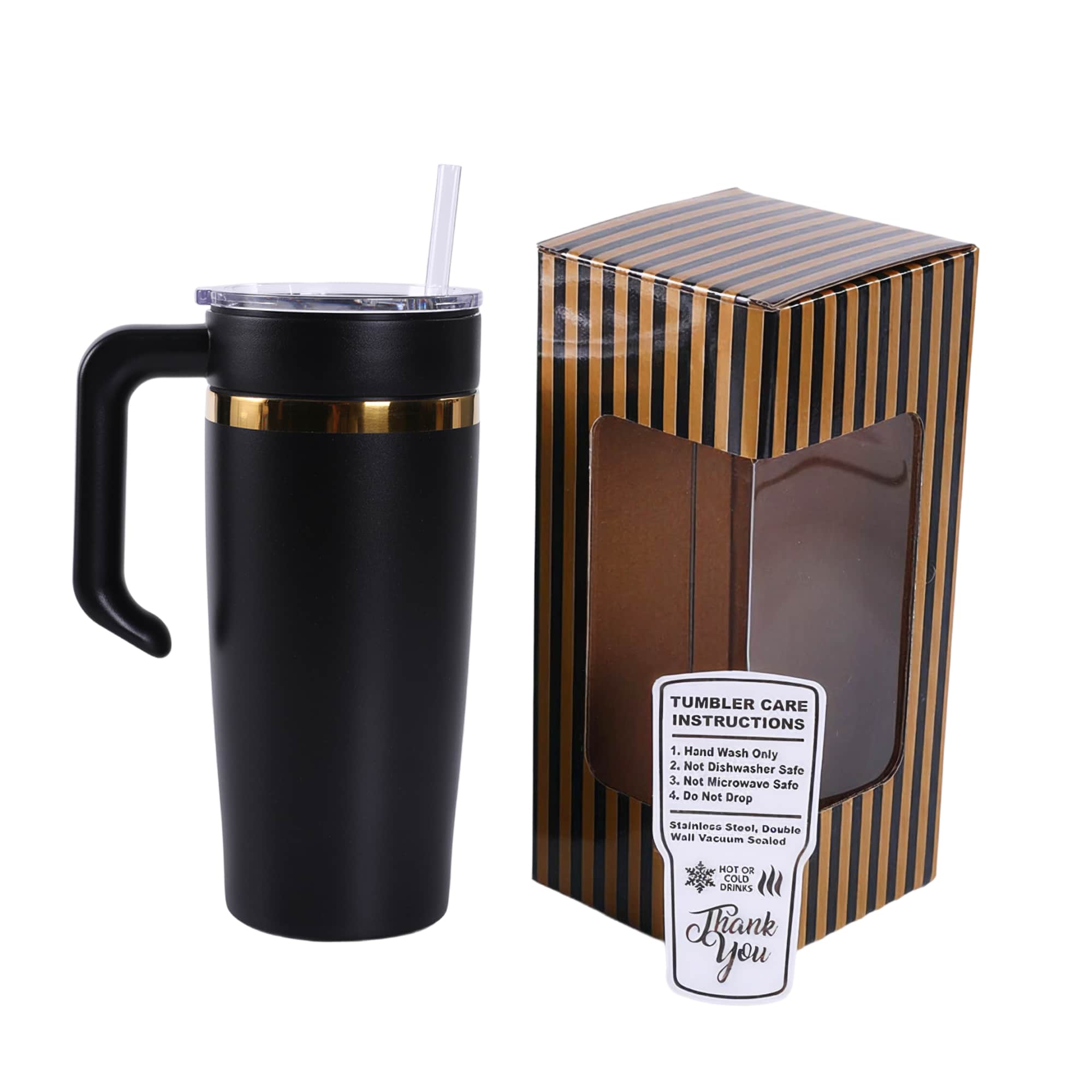 Black 20 oz. classic tumbler with a gold plated handle, shown with its gift box