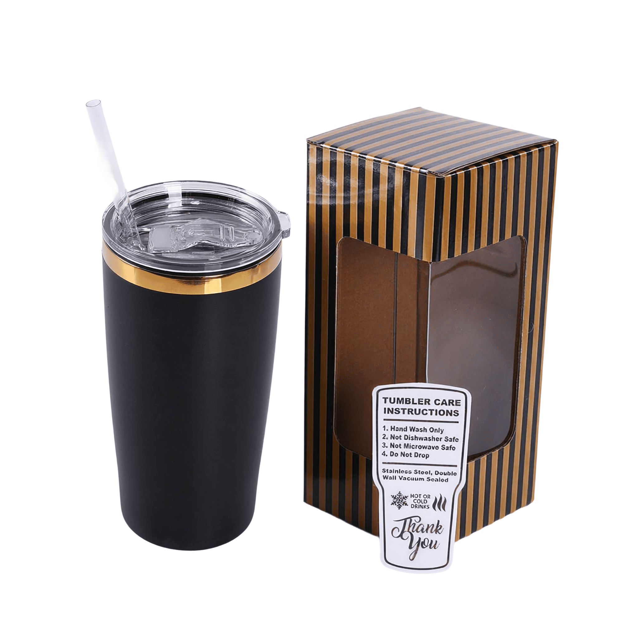 Black 20 oz. classic tumbler with a gold plated lid, shown with its gift box