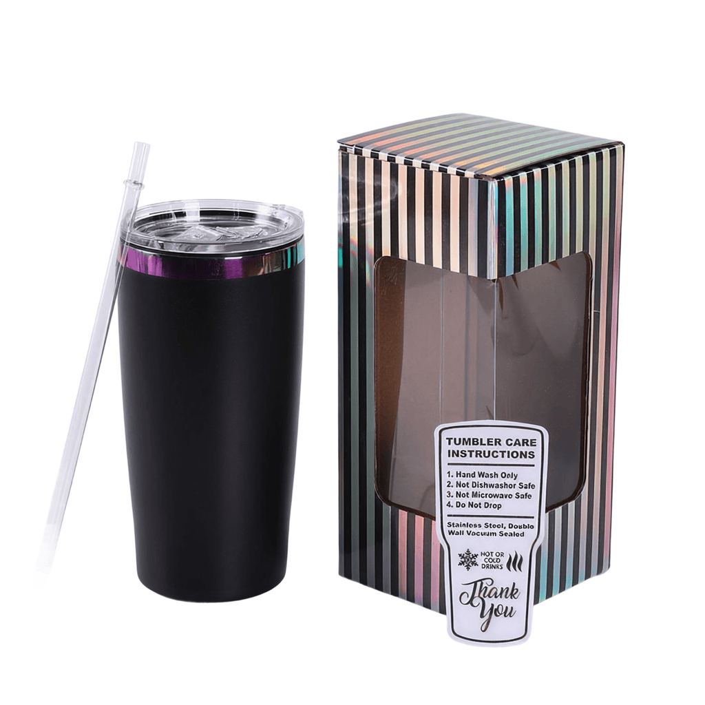 Black 20 oz. classic tumbler with a rainbow plated lid, shown with its gift box