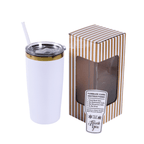 White 20 oz. classic tumbler with a gold plated lid, shown with its gift box
