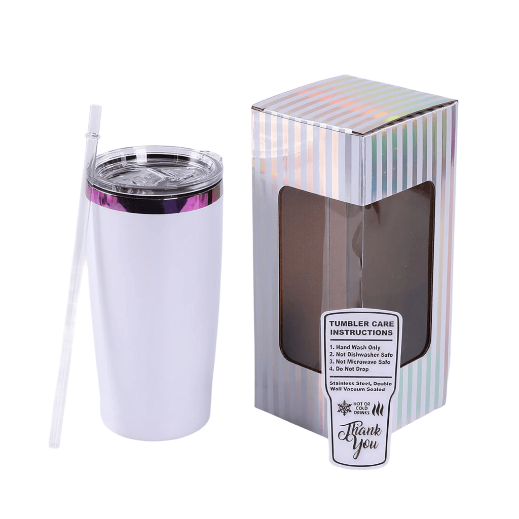 White 20 oz. classic tumbler with a rainbow plated lid, shown with its gift box