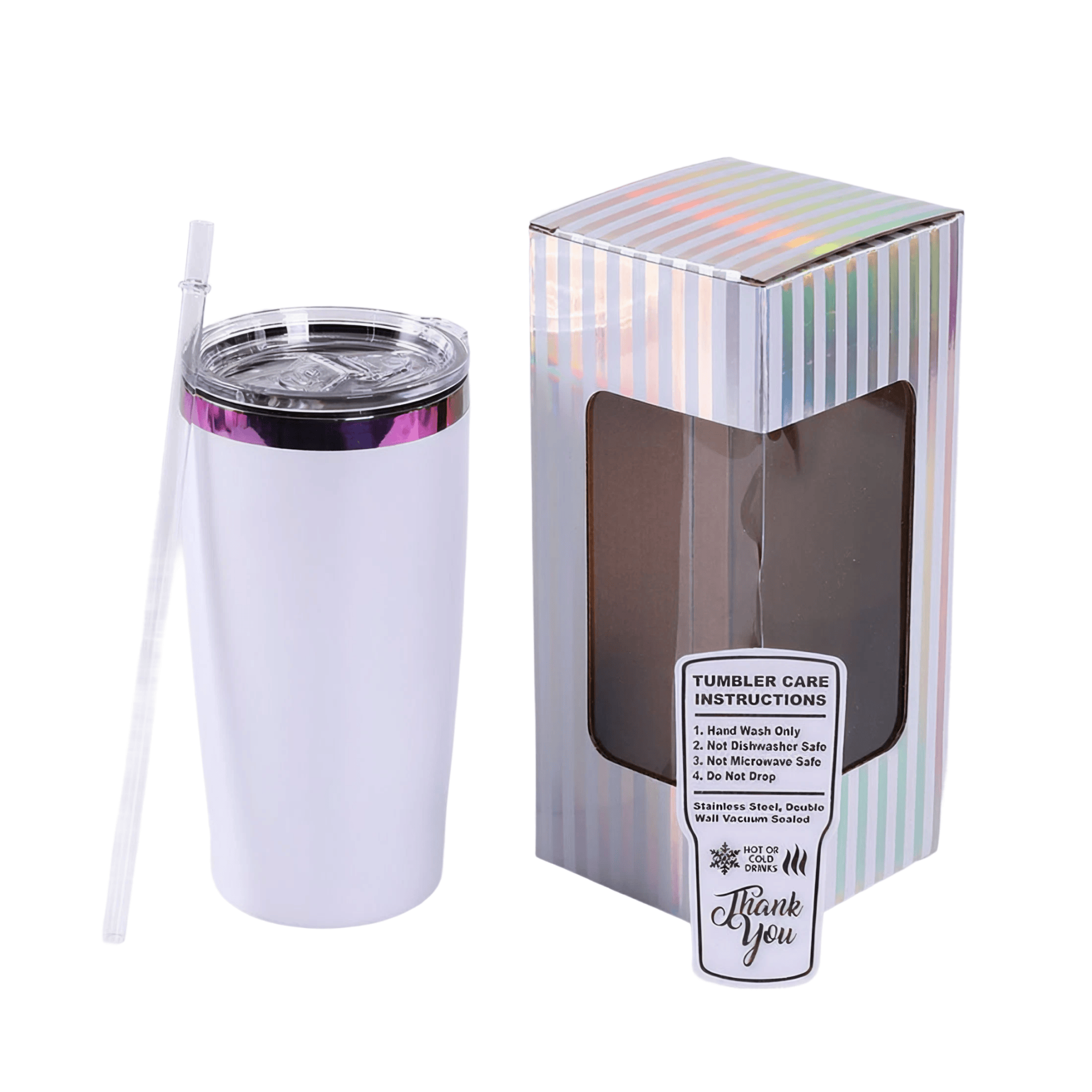 White 20 oz. classic tumbler with a rainbow plated lid, shown with its gift box