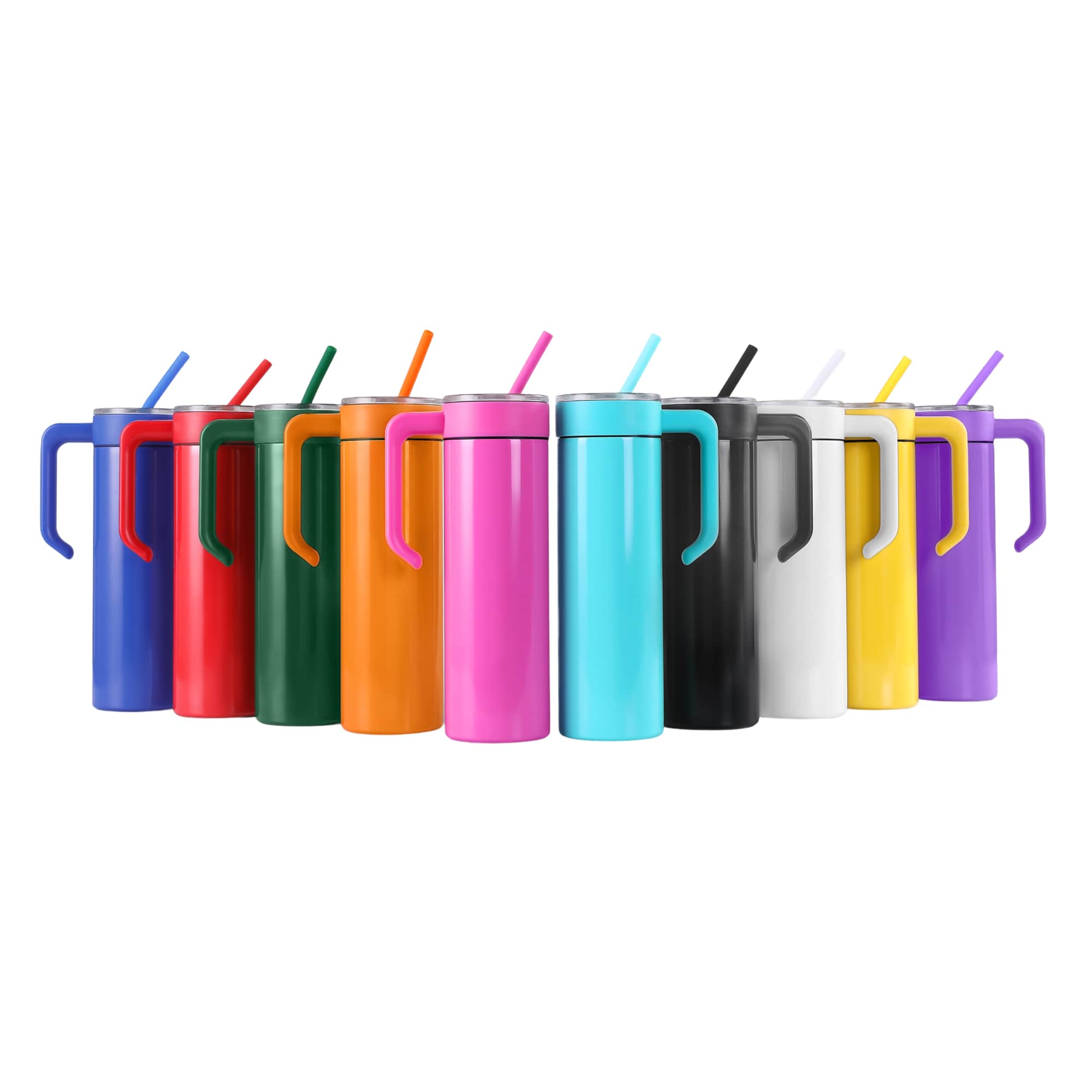 Powder coated 20 oz. Skinny Tumblers with handles in ten colors, stainless steel — custom engraved tumblers by Solano Laser Craft