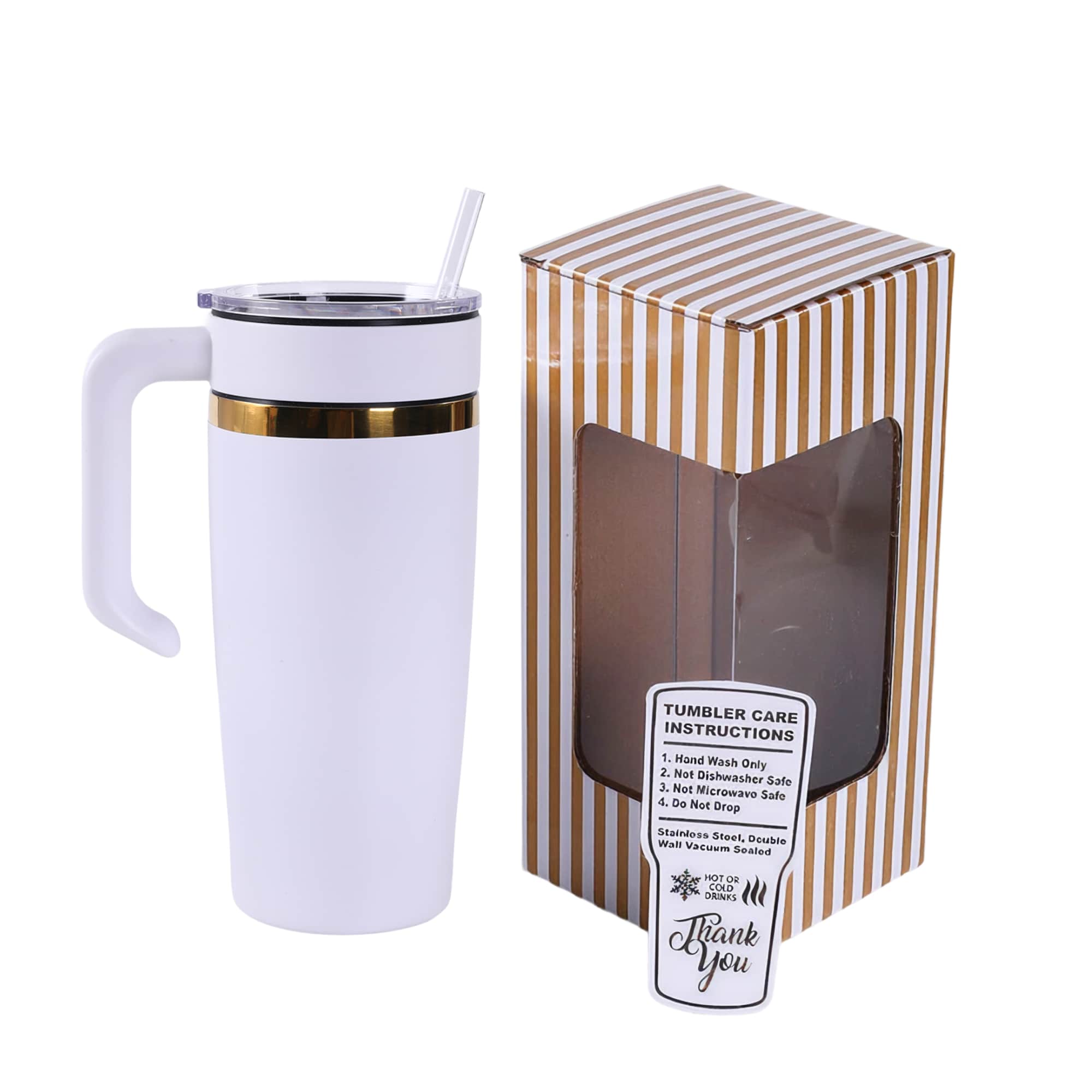 White 20 oz. classic tumbler with a gold plated handle, shown with its gift box