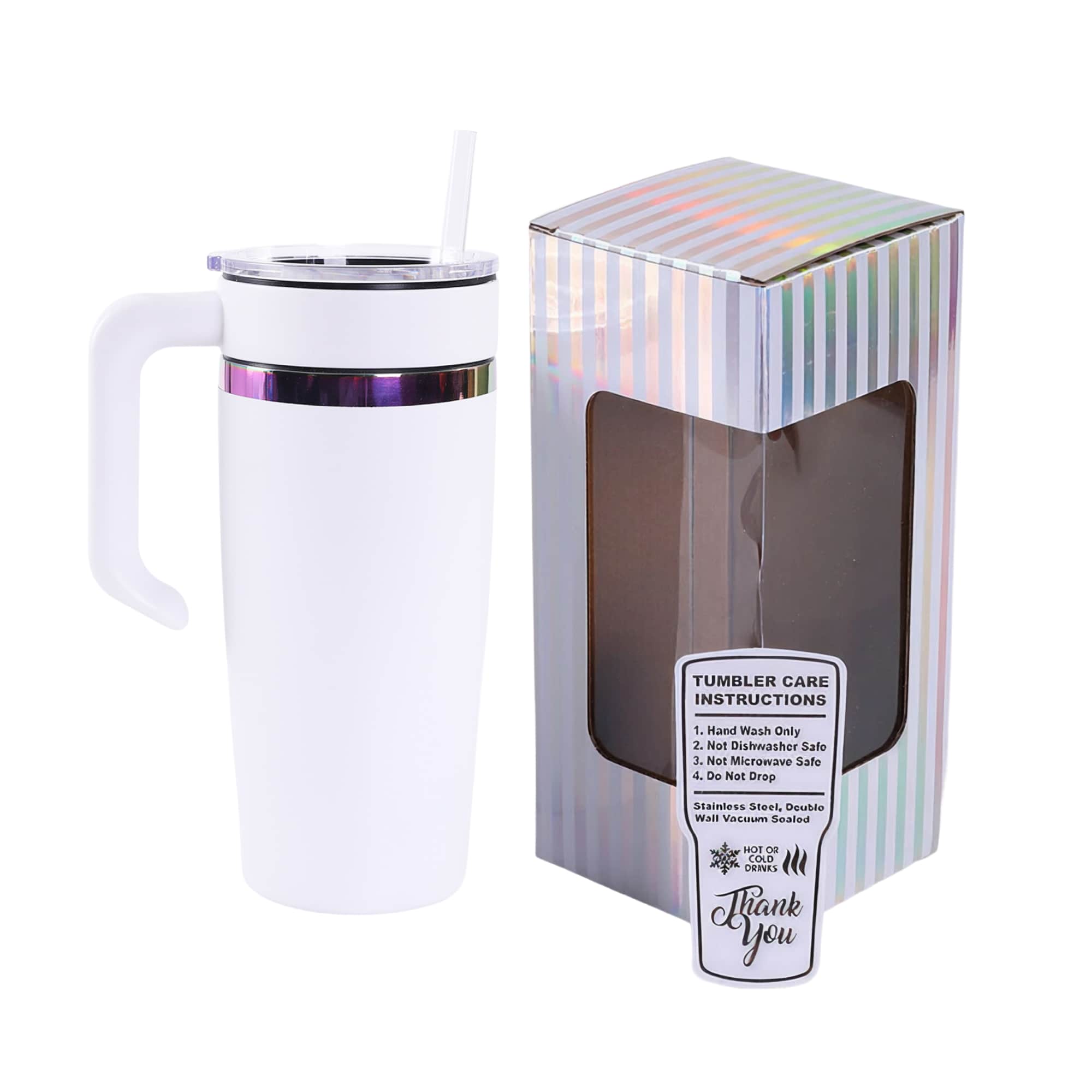 White 20 oz. classic tumbler with a rainbow plated handle, shown with its gift box