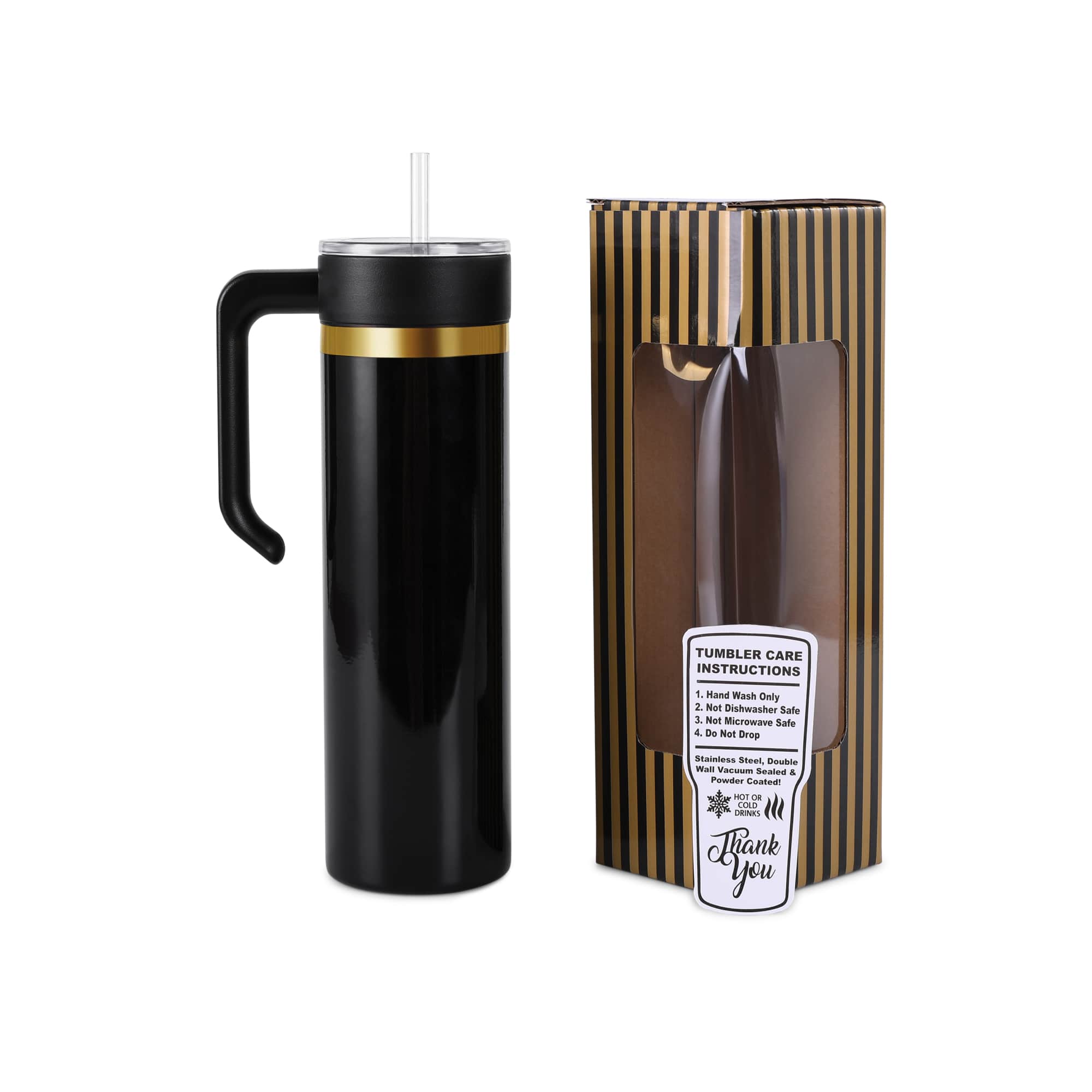 Black 20 oz. skinny tumbler with a gold plated handle and lid