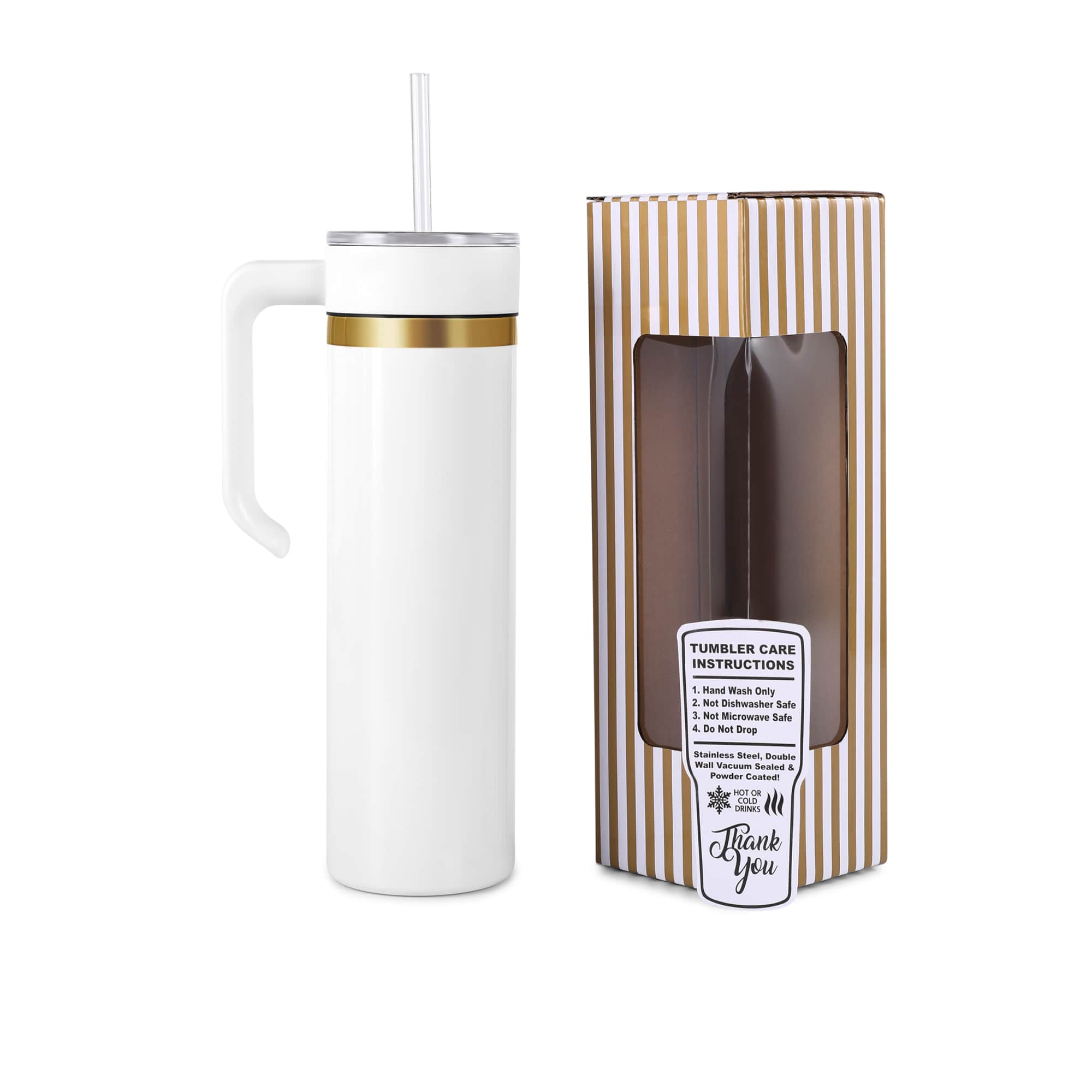 White 20 oz. skinny tumbler with a gold plated handle and lid