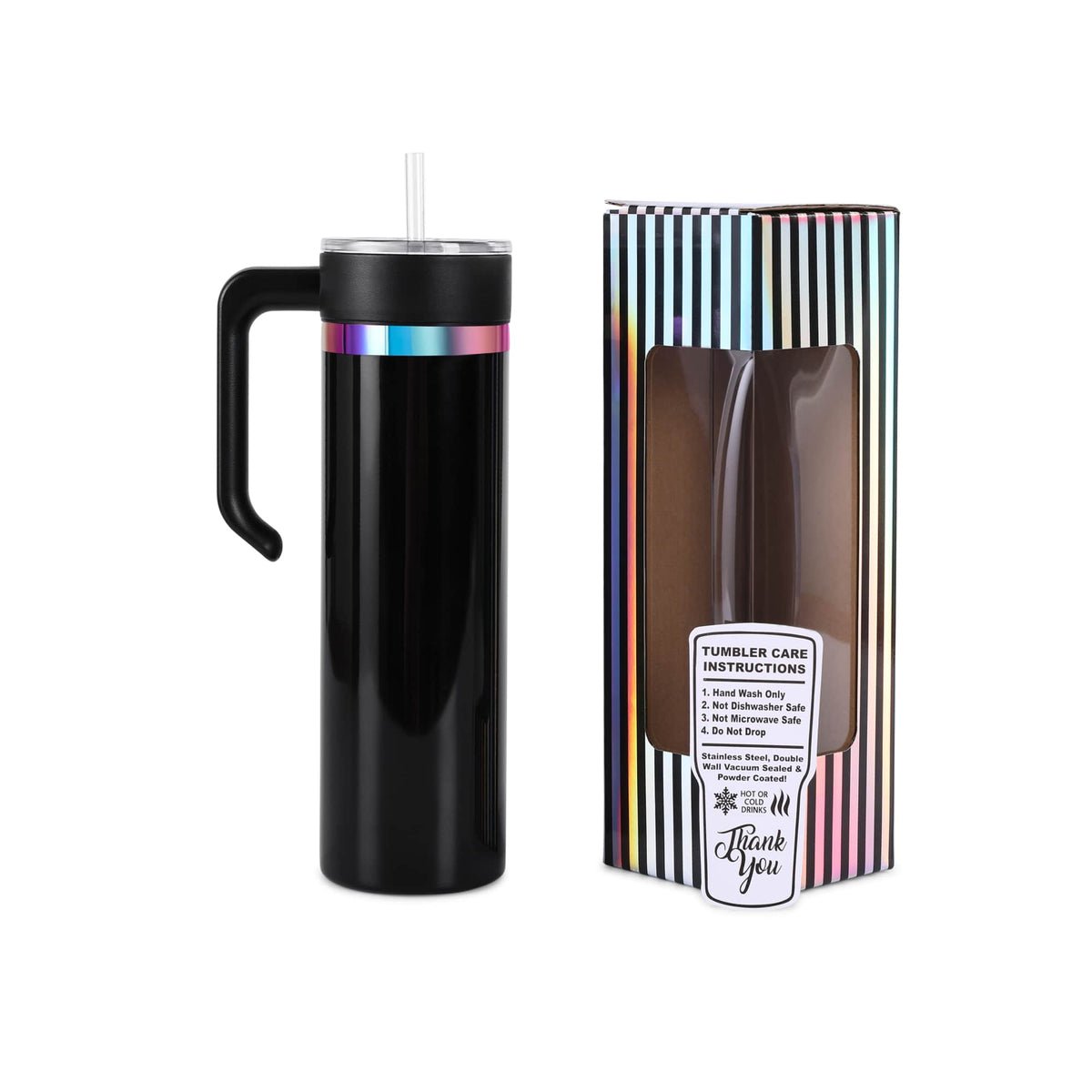 Black 20 oz. skinny tumbler with a rainbow plated handle and lid