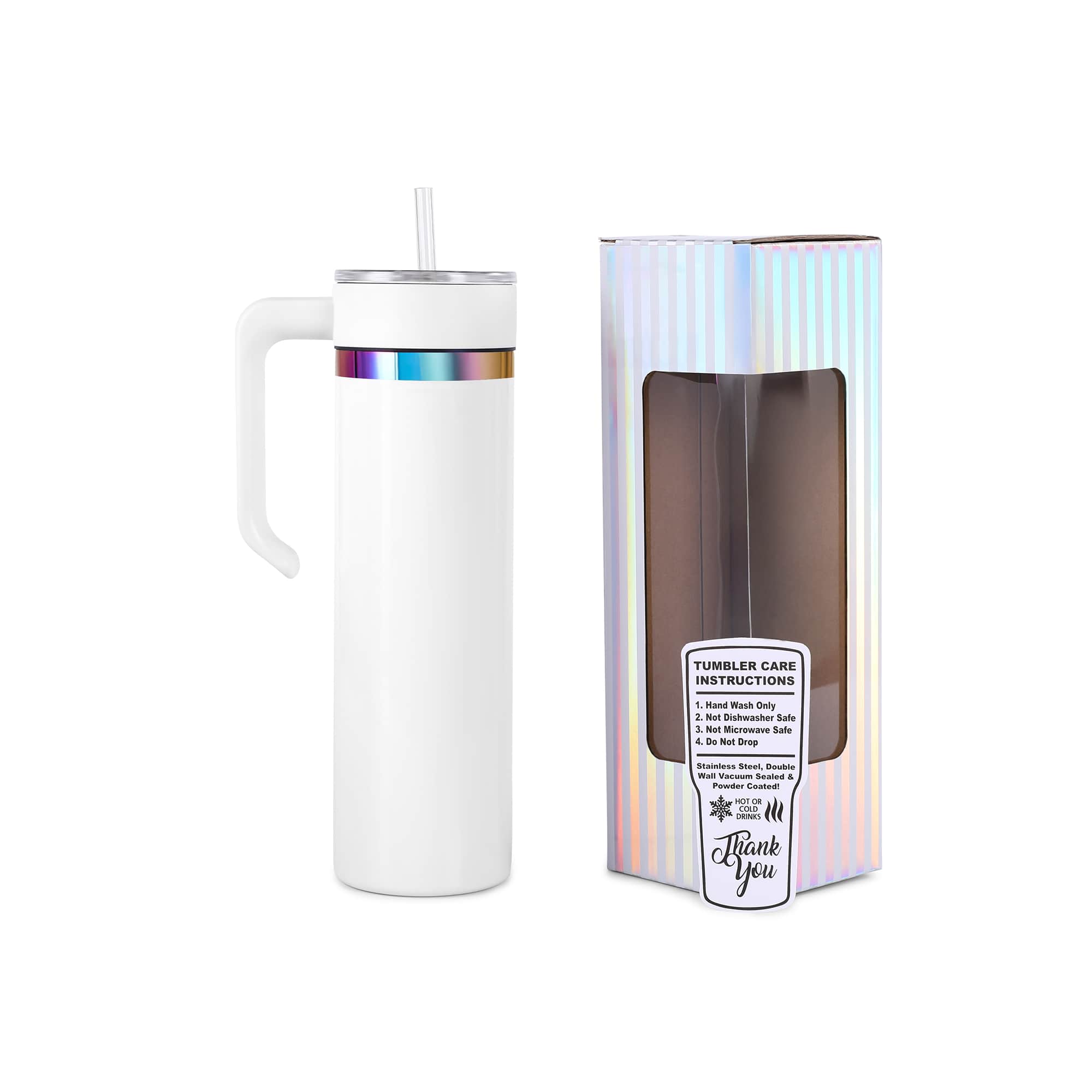 White 20 oz. skinny tumbler with a rainbow plated handle and lid