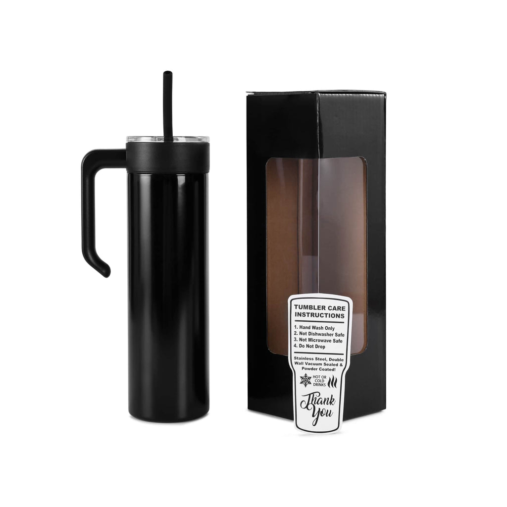 Black 20 oz. skinny tumbler with a matching twist-on handle and gift box