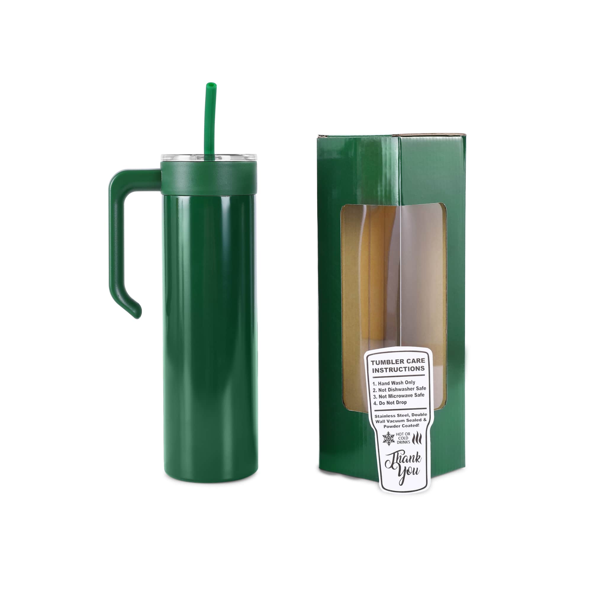 Green 20 oz. skinny tumbler with a matching twist-on handle and gift box