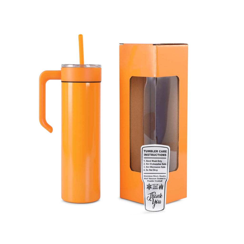 Orange 20 oz. skinny tumbler with a matching twist-on handle and gift box