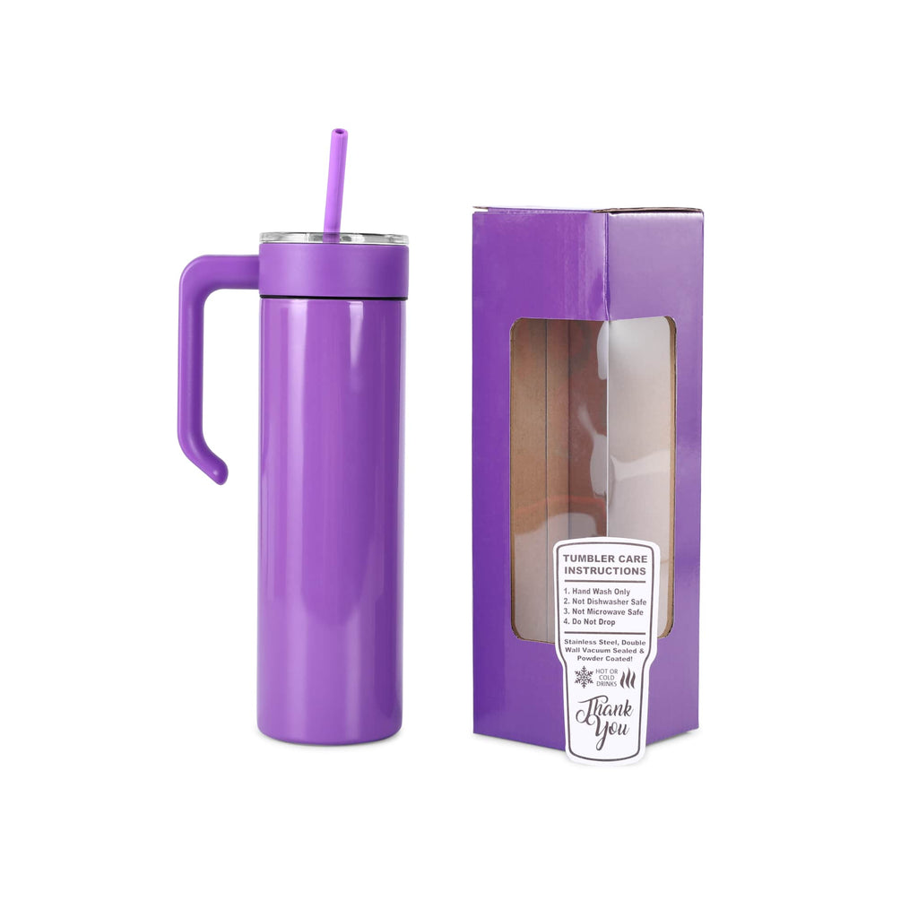 Purple 20 oz. skinny tumbler with a matching twist-on handle and gift box