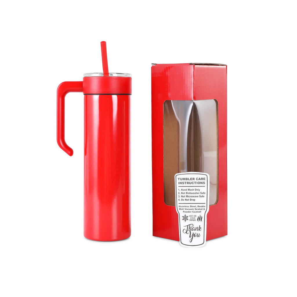 Red 20 oz. skinny tumbler with a matching twist-on handle and gift box