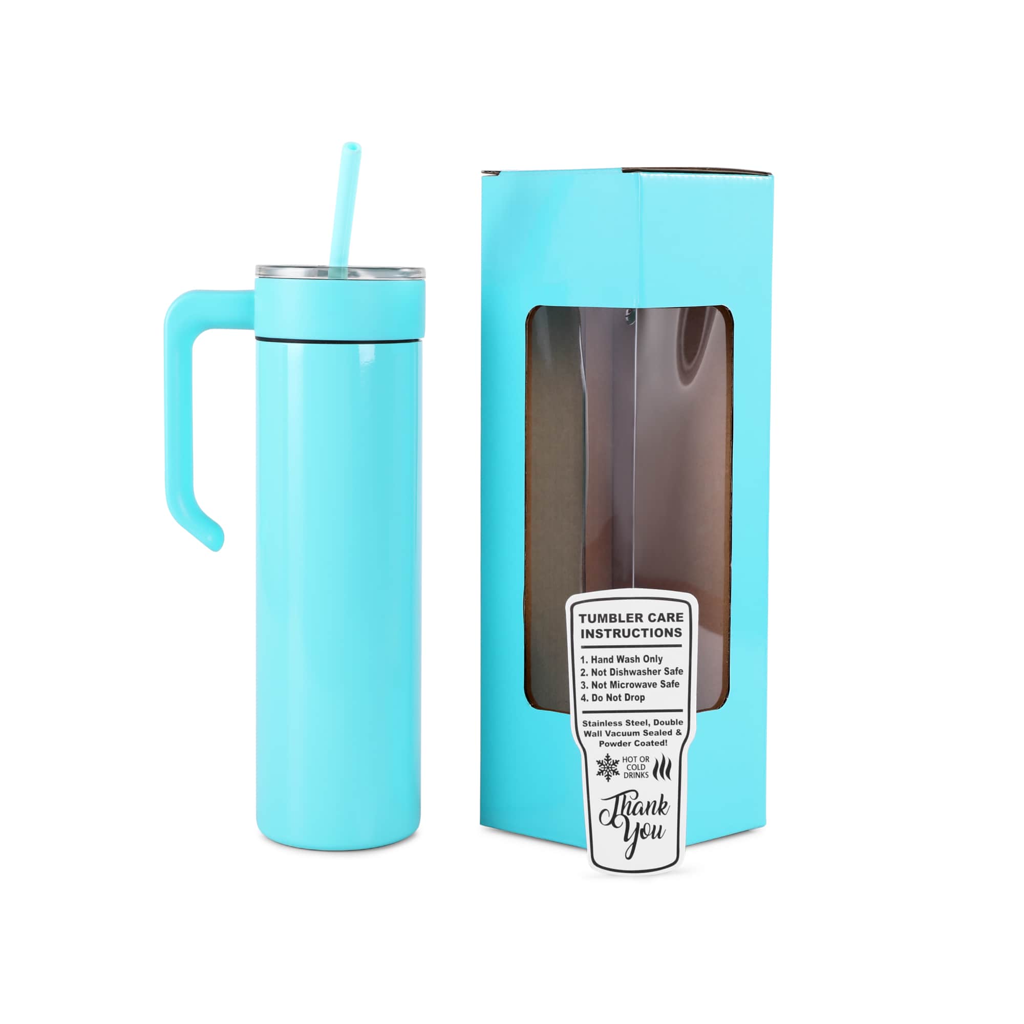Teal 20 oz. skinny tumbler with a matching twist-on handle and gift box
