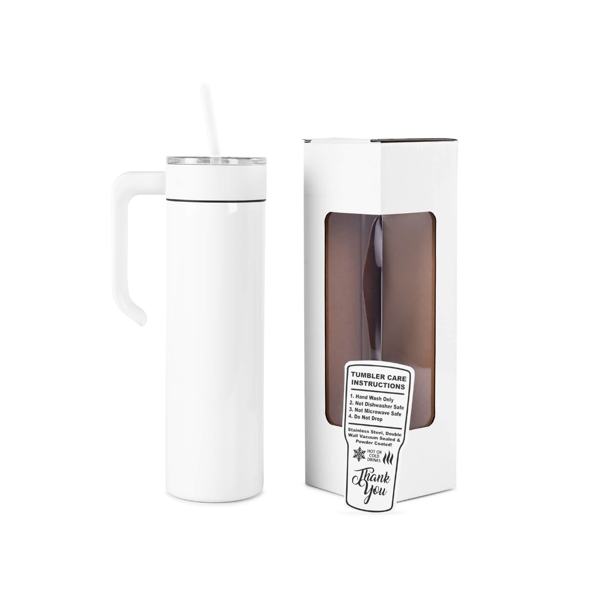White 20 oz. skinny tumbler with a matching twist-on handle and gift box
