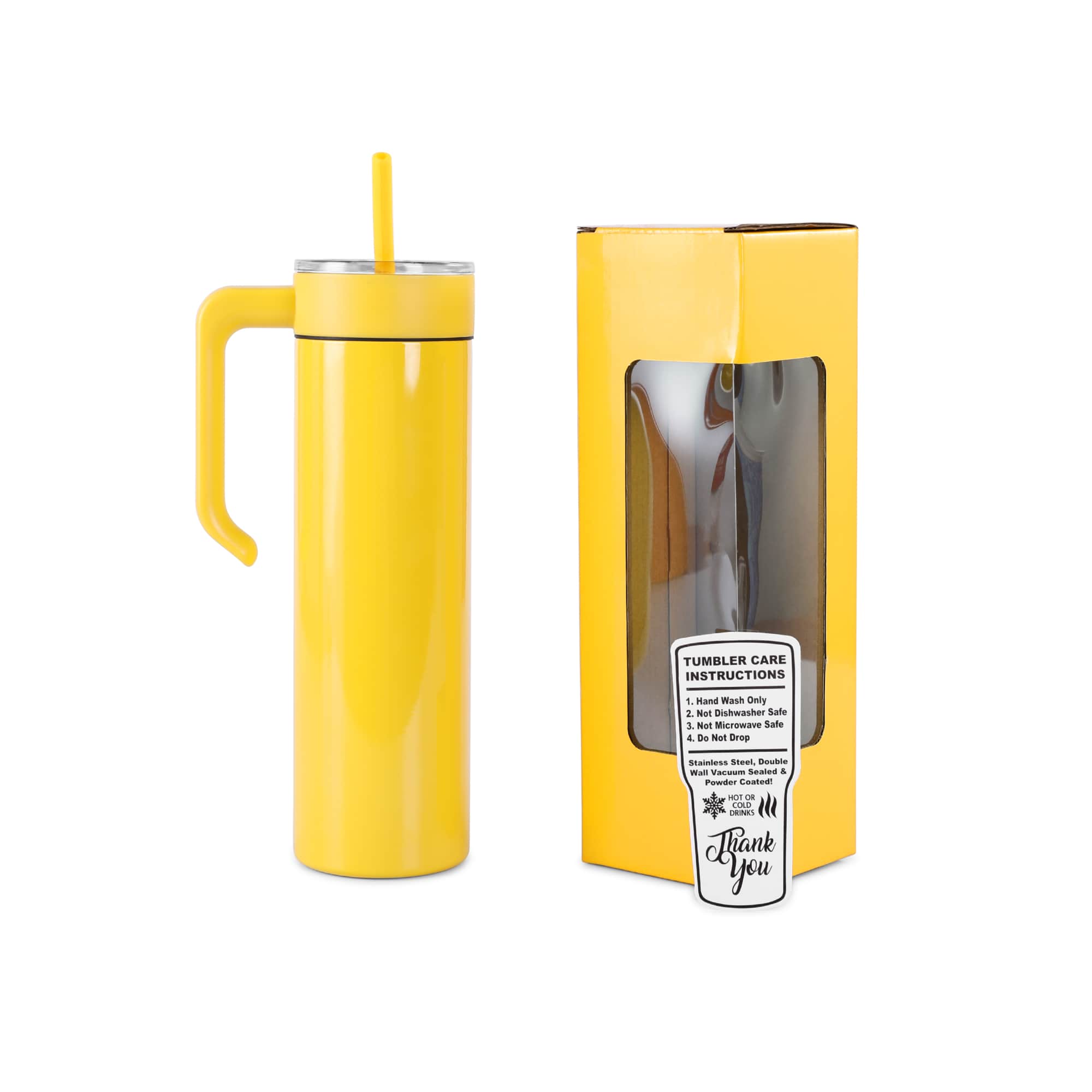 Yellow 20 oz. skinny tumbler with a matching twist-on handle and gift box