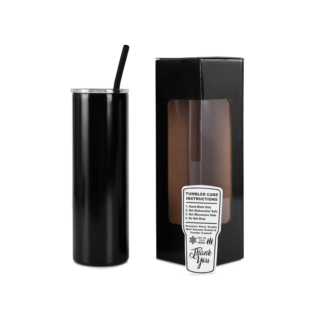 Black 20 oz. skinny tumbler with straw, shown with its gift box