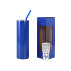Blue 20 oz. skinny tumbler with straw, shown with its gift box