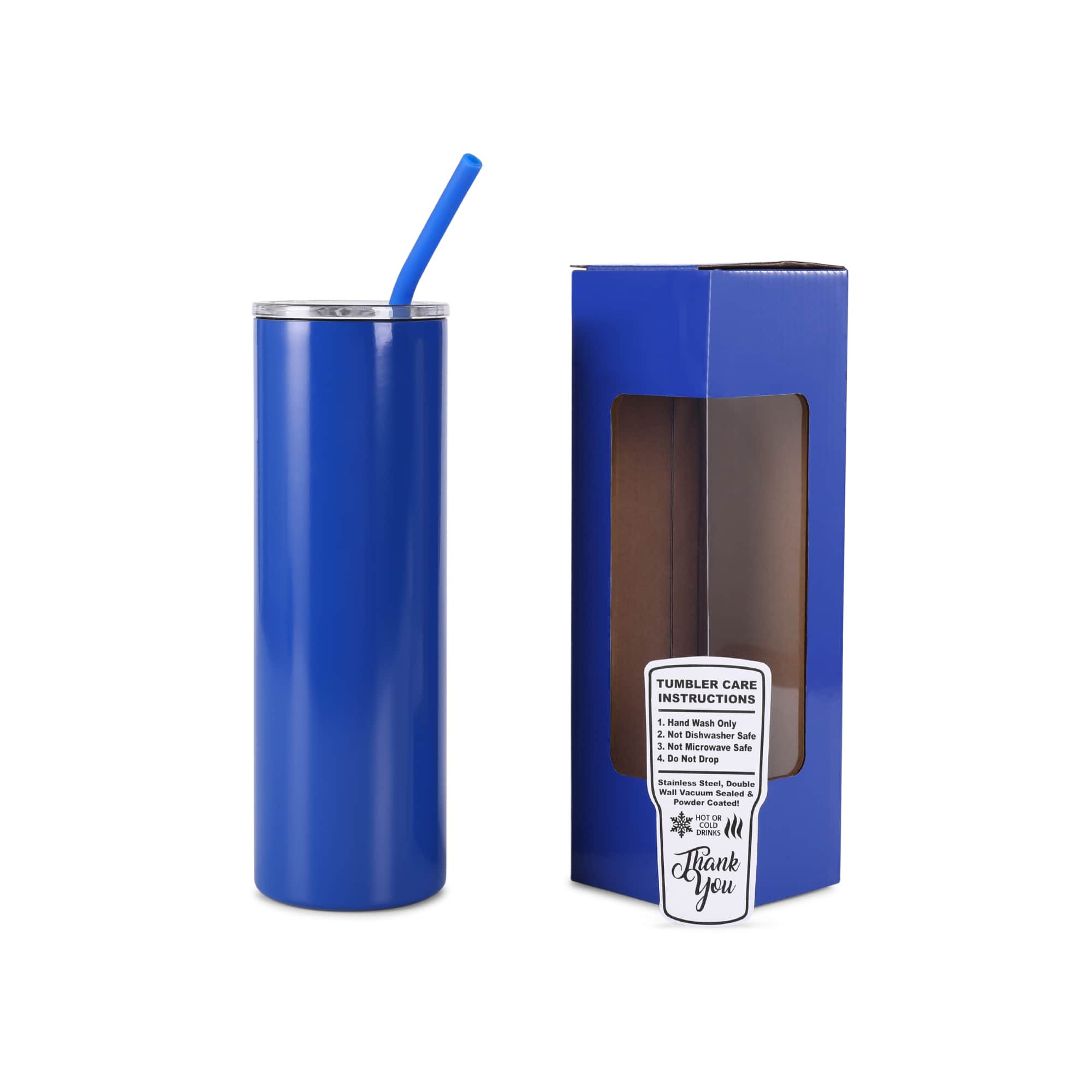 Blue 20 oz. skinny tumbler with straw, shown with its gift box