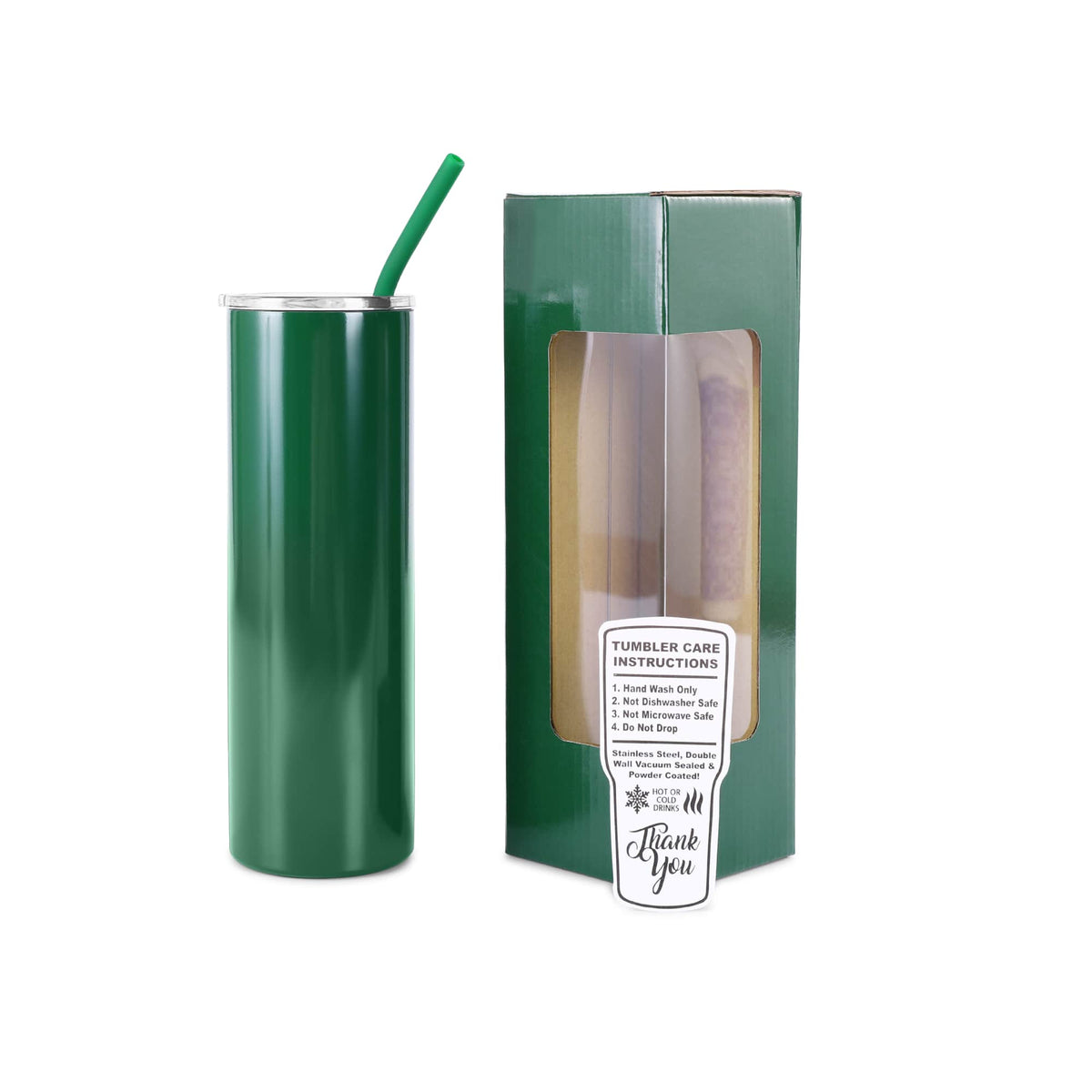 Green 20 oz. skinny tumbler with straw, shown with its gift box