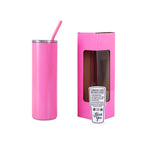 Pink 20 oz. skinny tumbler with straw, shown with its gift box
