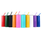Powder coated 20 oz. Skinny Tumblers in assorted colors, double wall stainless steel — custom engraved tumblers by Solano Laser Craft