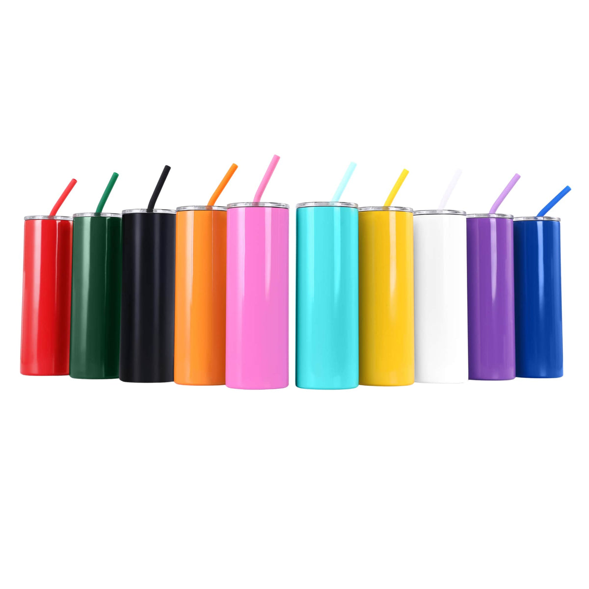 Powder coated 20 oz. Skinny Tumblers in assorted colors, double wall stainless steel — custom engraved tumblers by Solano Laser Craft