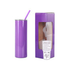 Purple 20 oz. skinny tumbler with straw, shown with its gift box