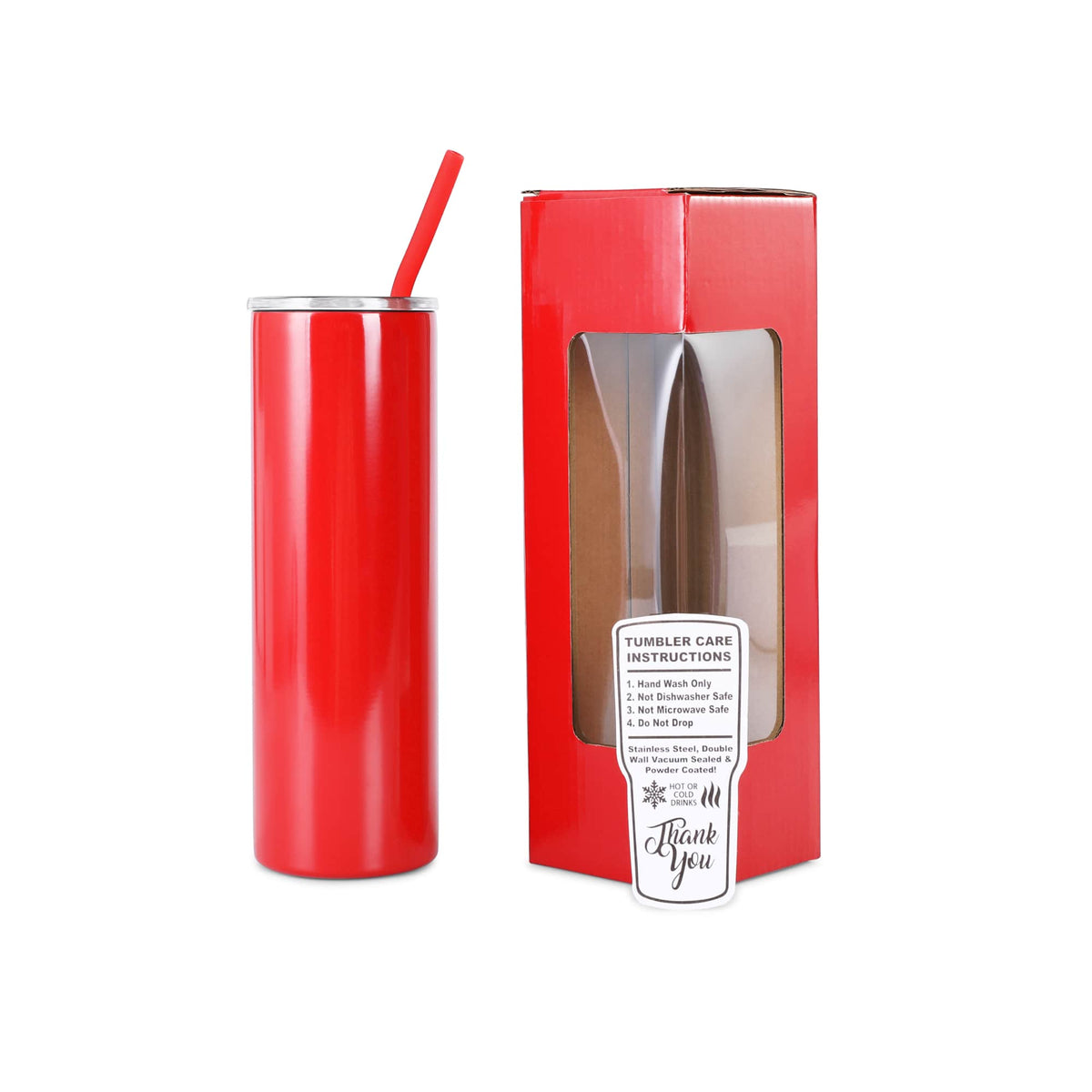 Red 20 oz. skinny tumbler with straw, shown with its gift box